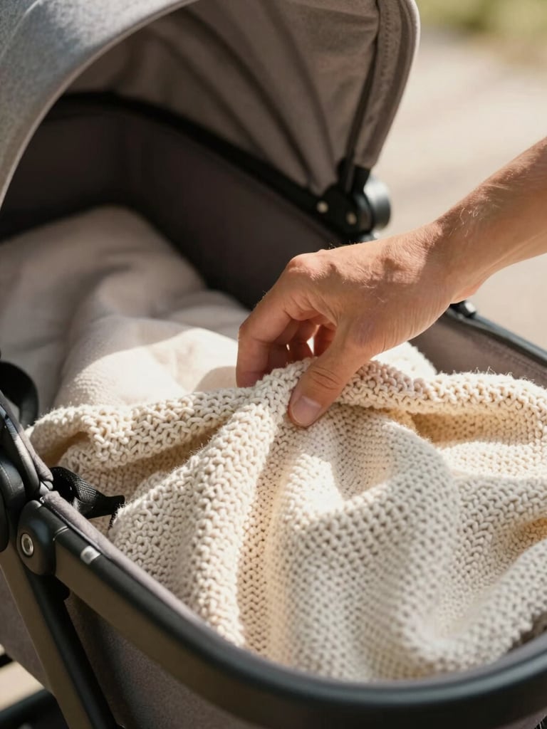 Intimate close-up of a parent's hand adjusting a soft knitted blanket inside a stroller bassinet, warm natural morning light