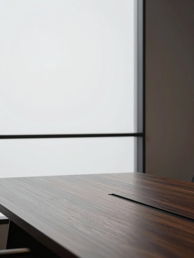 Clean-lined modern boardroom interior, a polished dark wood table reflecting soft architectural lighting, minimalist window frame in the background.