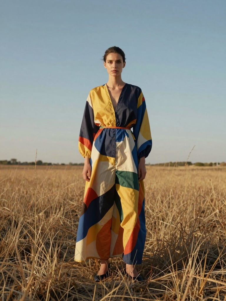 Environmental editorial portrait, model in bold printed fabric standing in a dry-grass landscape under open sky, natural afternoon light, full-body framing showing complete styling, horizon low, generous sky above