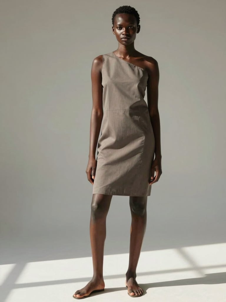 Full-length editorial portrait of a Kenyan model standing against a clean studio backdrop, natural light from the left, strong contrast, unretouched skin, direct gaze toward camera, hands relaxed at sides, dressed in a structured minimal garment, no props