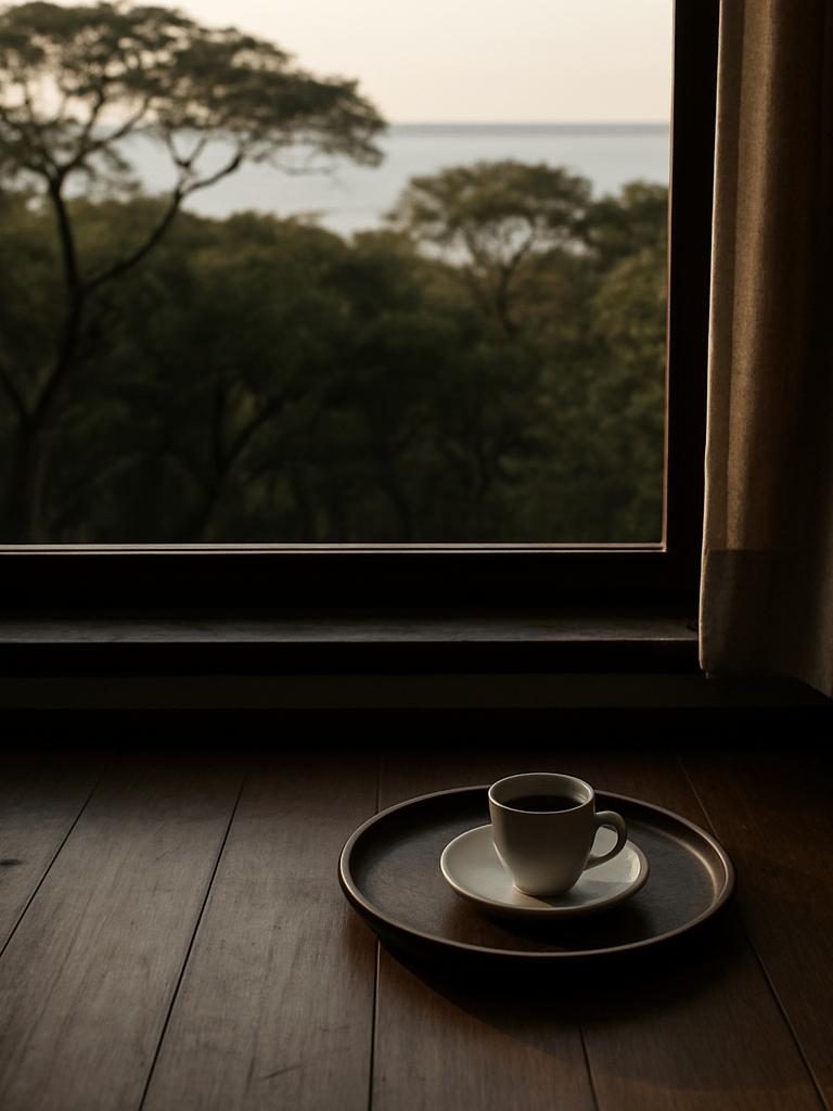 Close environmental view from inside a Bahian pousada room, north-facing early-morning light casting soft shadows across a wooden floor, a tray with a small coffee cup near the window sill, the view outside is a coastal tree line, still and calm