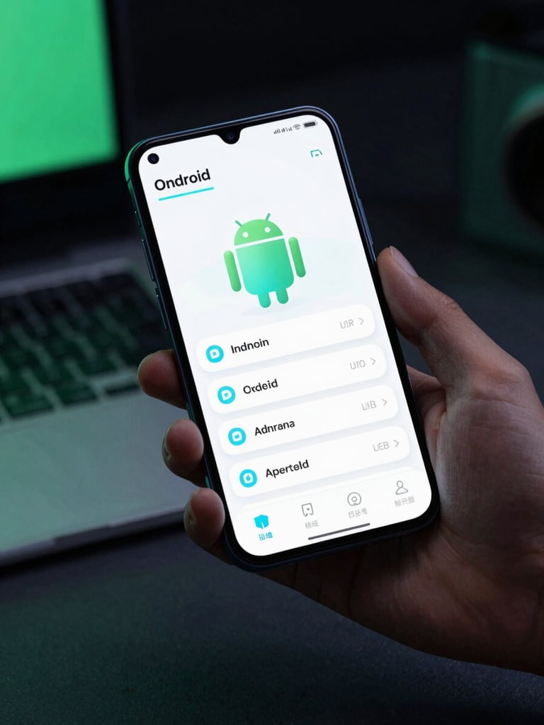 Dynamic low-angle shot of hands holding a modern Android device in a dark creative workspace, displaying a high-fidelity UI mockup with glowing cyan accents