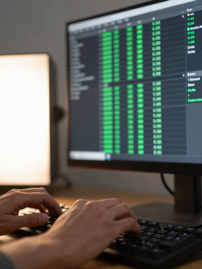 Extreme close-up of a monitor displaying a live dashboard with data rows and green status indicators, hands resting on a mechanical keyboard in foreground, warm studio strobe light from the left, shallow depth of field, Dakar office environment