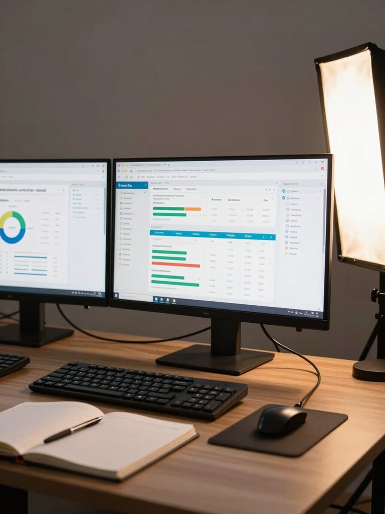 Wide environmental shot of a developer's desk in a Senegalese office, two monitors showing a running SaaS dashboard with charts and user tables, warm studio strobe from the right, keyboard and notebook in sharp foreground detail