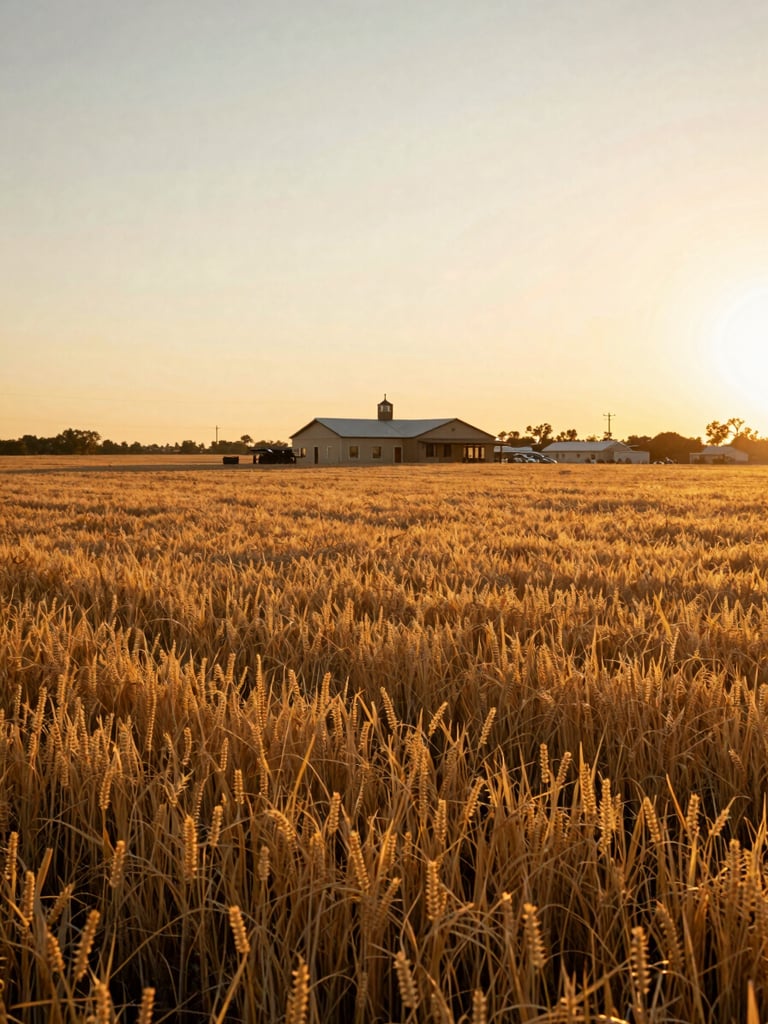 Wide shot of golden agricultural fields in Buttonwillow at sunset, a small community center in the background, warm light, 35mm