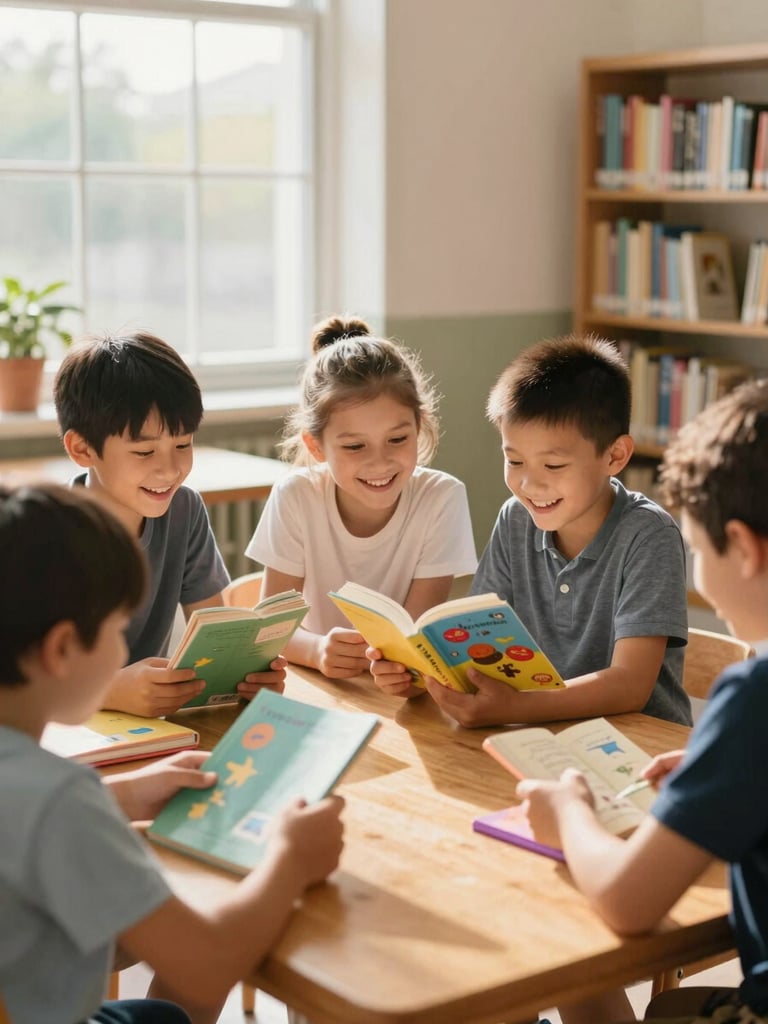 Candid shot of young elementary students laughing around a wooden table in a brightly lit school library, examining colorful new books together, soft natural window light.