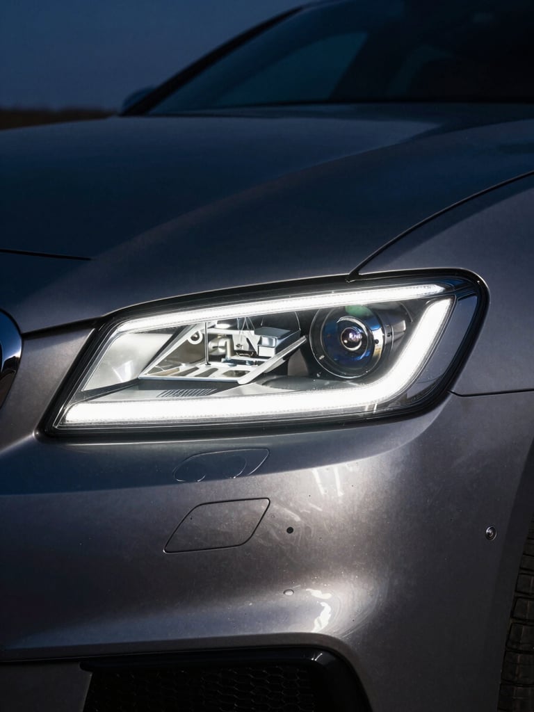 Macro close-up of a luxury sedan headlight cutting through West Texas twilight, sharp metallic silver reflections on charcoal paint, high-contrast night shot, 35mm