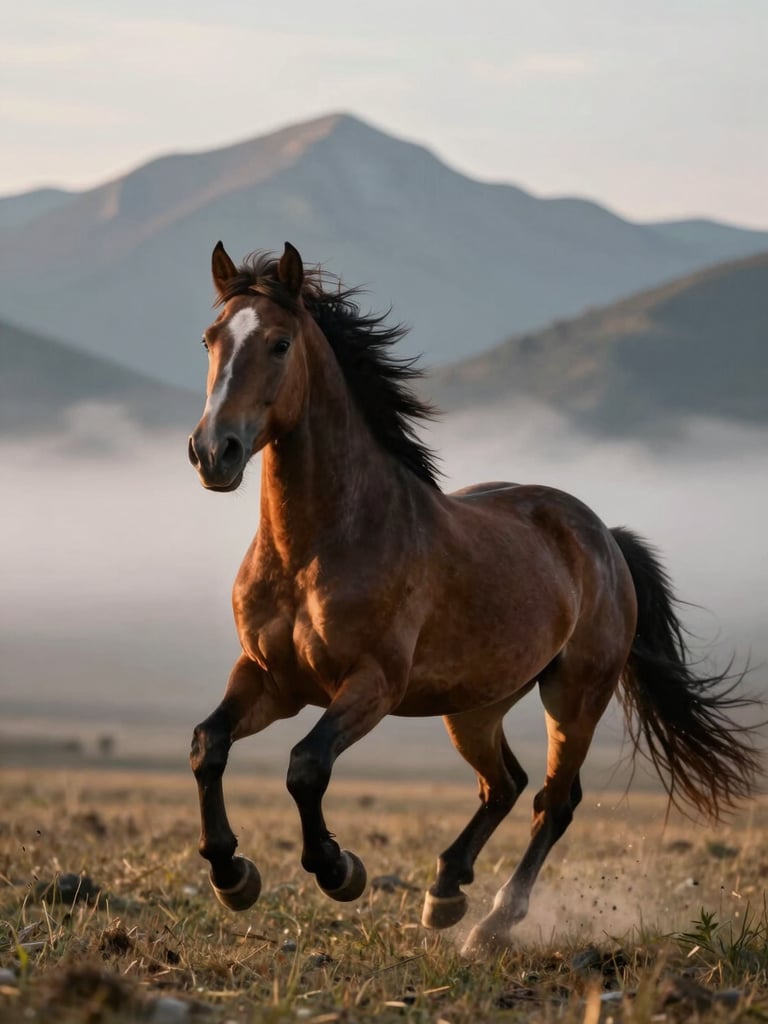 A majestic wild Bashkir horse in motion against the misty Ural mountains at golden hour, dramatic natural lighting, wide cinematic angle