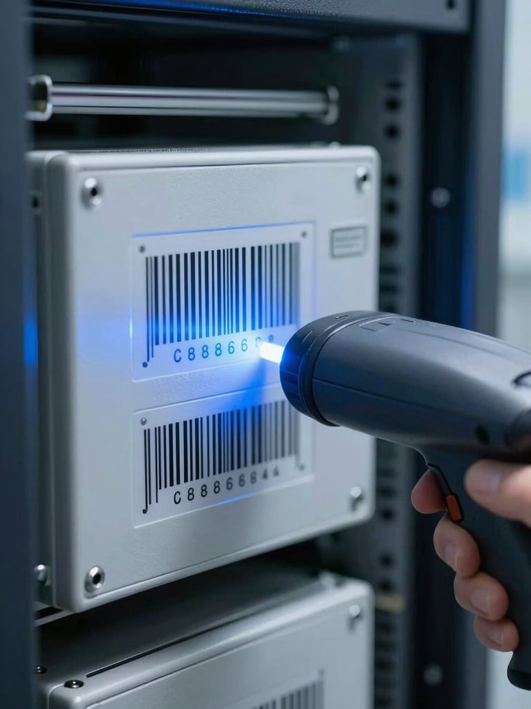 Macro shot of a barcode scanner illuminating a server serial number plate in a clinical warehouse, cool blue laser line, sharp focus.