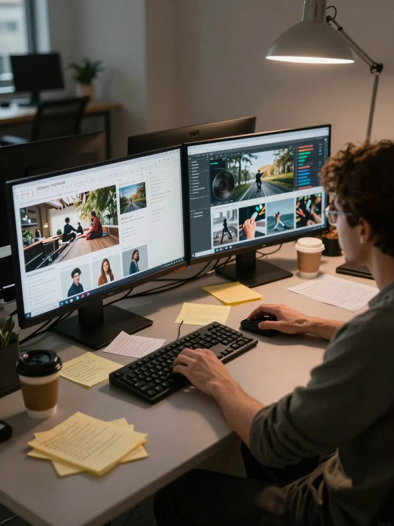 Wide environmental shot of a creative studio workspace, dual monitors showing campaign assets and data dashboards, a team member reviewing work mid-session, ambient tungsten office light, overhead angle revealing scattered notes and coffee cups on a dark desk