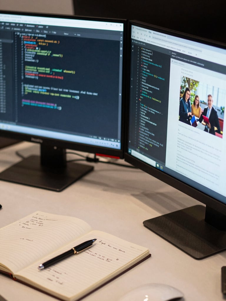 Close-up overhead desk study: dual monitors showing code and a campaign layout side by side, a notepad with handwritten brief notes, ambient tungsten office light, no people visible, editorial documentary style