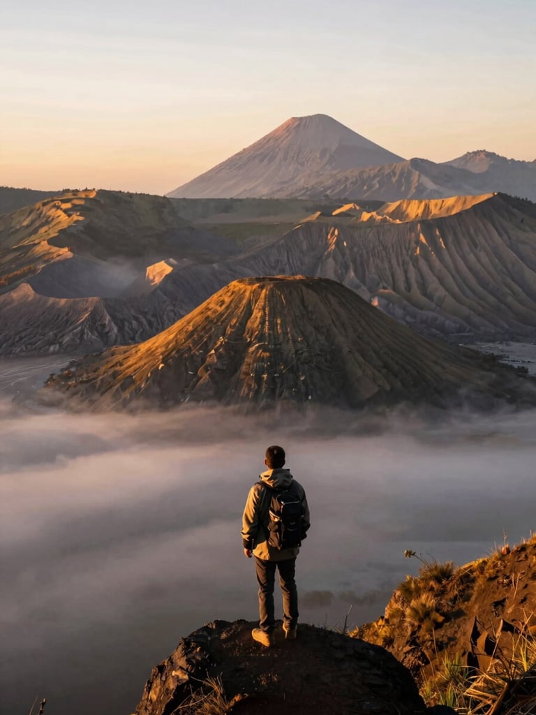 Wide environmental landscape of Mount Bromo at sunrise, soft morning mist blanketing the caldera, a single traveler viewed from behind looking out from a high ridge, warm golden light hitting the peaks, 3:4 portrait crop.