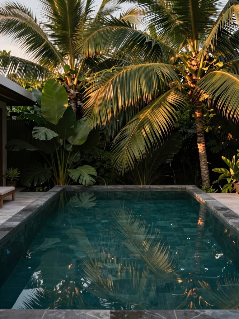 Minimalist stone pool of an exclusive tropical villa in Bali reflecting lush green palm leaves, soft golden hour light, tranquil and uncrowded atmosphere, 3:4 portrait crop.