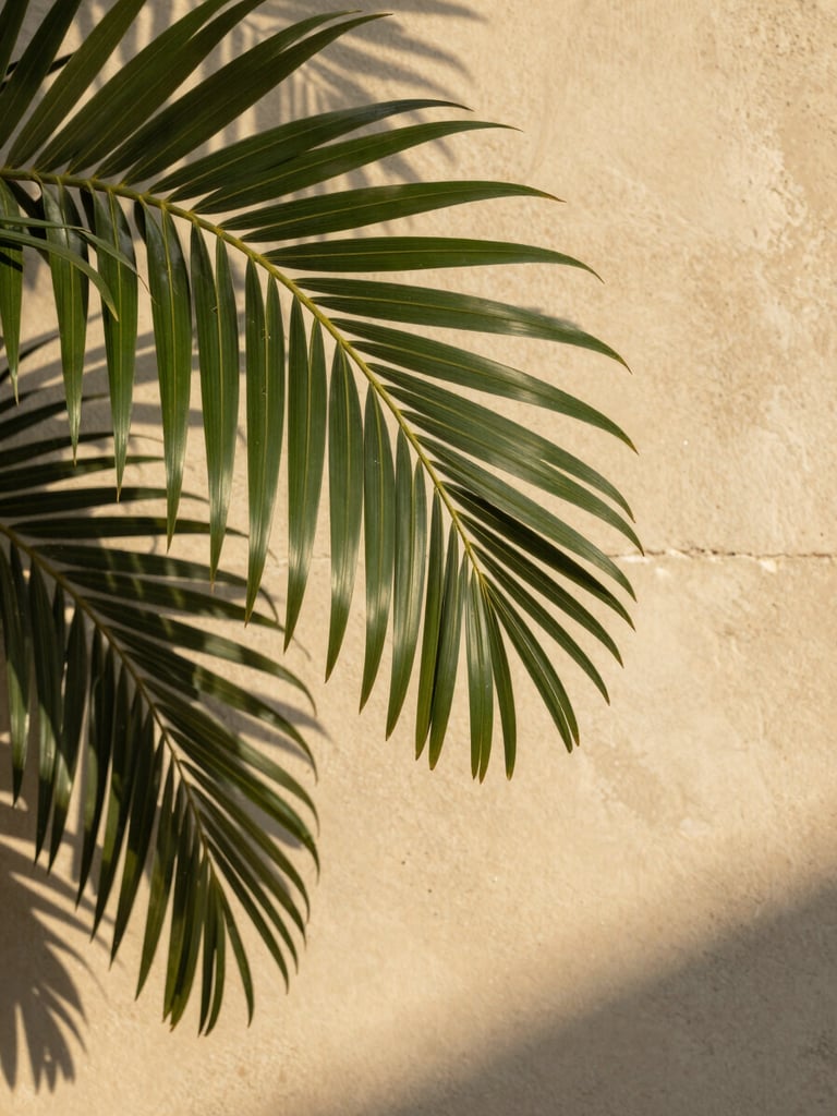 A close-up of lush tropical palm leaves casting shadows on a warm sand-colored concrete wall, minimalist aesthetic, morning light