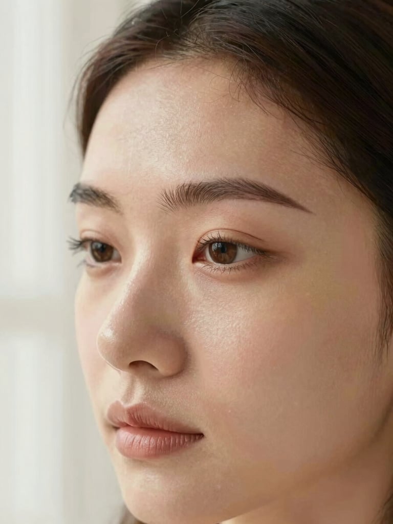 Close-up of a woman's forehead and brow under soft diffused window light, brows groomed and lightly filled, skin visibly luminous with a barely-there satin finish. Natural daylight, no drama, warm ivory tones. Subject off-center, generous surrounding negative space.
