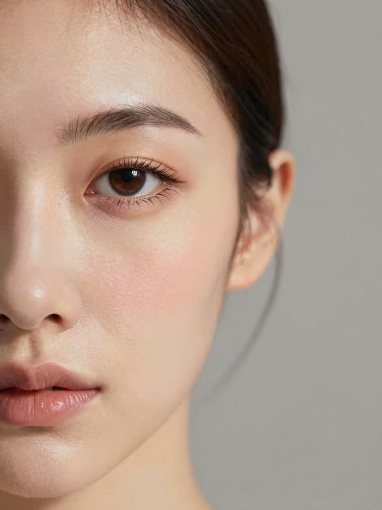 Tight portrait-framed close-up of a woman's cheek and eye, post-makeup, photographed under soft north-facing natural daylight. Skin texture visible — pores, subtle warmth — with a barely-there wash of blush and precisely applied mascara. No filter, no rim lighting. Ivory and warm-grey tones. Subject placed left of center, generous negative space to the right.