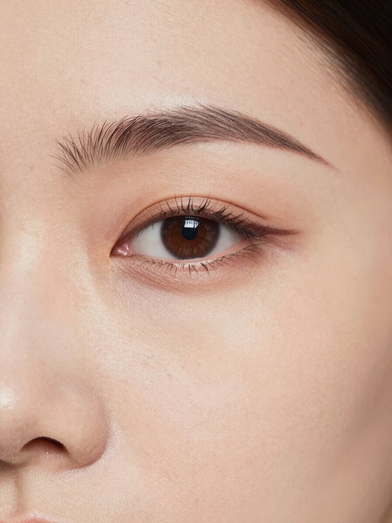 Close-up of a woman's eye and upper cheek, minimal eye makeup — a fine line of soft brown liner and mascara only — photographed under even cool studio daylight that shows true skin tone. No shimmer, no shadow drama. Warm neutral tones, tight framing with space at the edges.