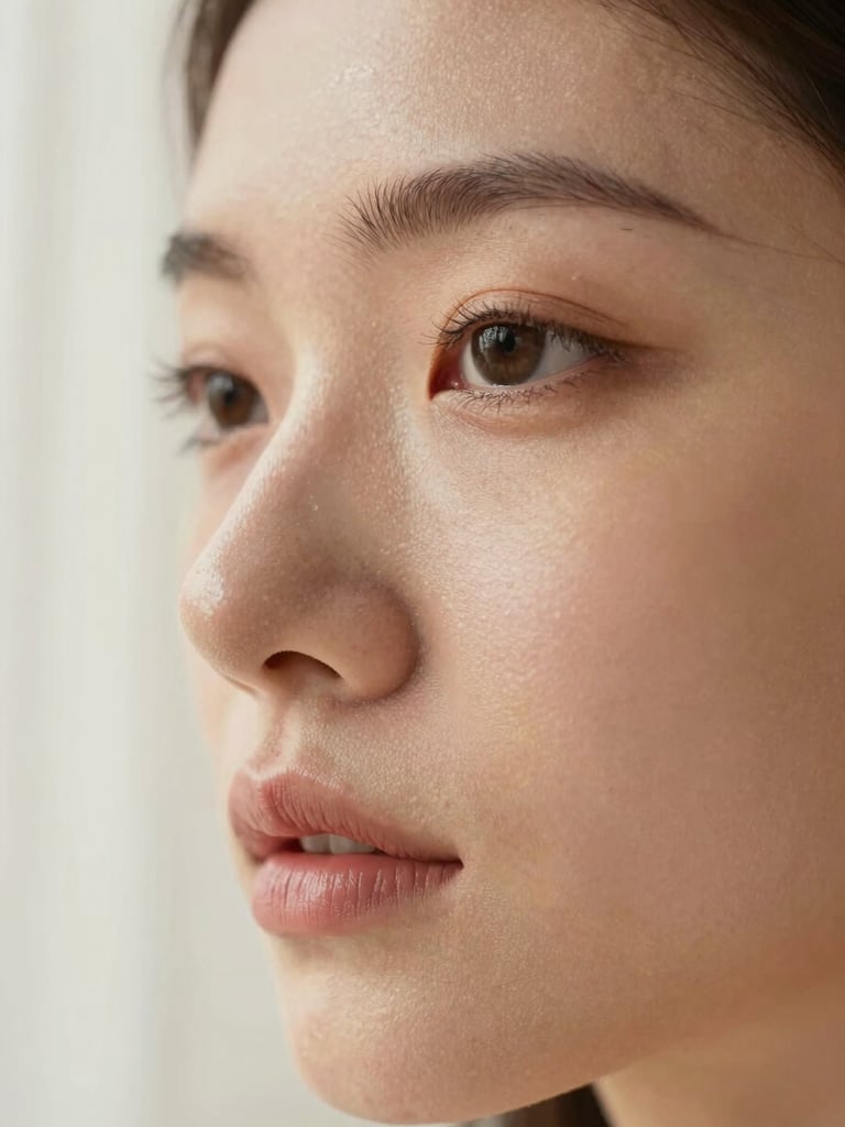 Extreme close-up of a woman's cheek and eye area under soft north-facing window light, skin texture finely visible — pores, subtle warmth — with the faintest wash of blush and a barely-there mascara line; no heavy product, no filter; ivory negative space at the left edge