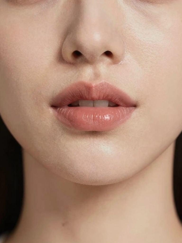 Tight mid-face close-up of a woman's lips and chin, a soft rosy-nude lip color applied with precision — edges clean, pigment sheer. North-facing natural studio daylight, true skin tone, no filter. Warm grey and ivory background tones, subject centered with space above and below.