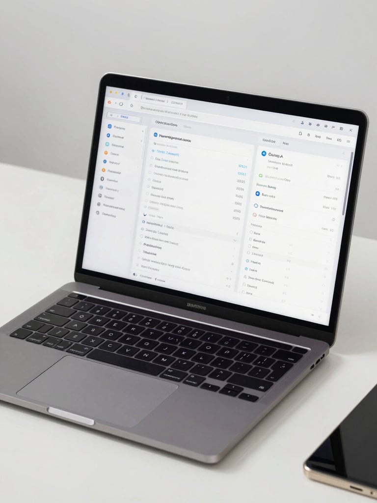 Medium close-up of a high-end secure laptop showing clean data dashboards on a clean, distraction-free slate desk, bright neutral daylight-balanced studio lighting, cool undertones.