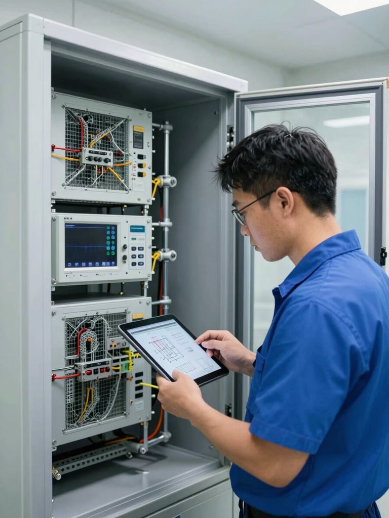 A professional technician analyzing complex system schematics on a tablet inside a clean commercial mechanical room, bright utility lighting, cool metallic tones, high-contrast.