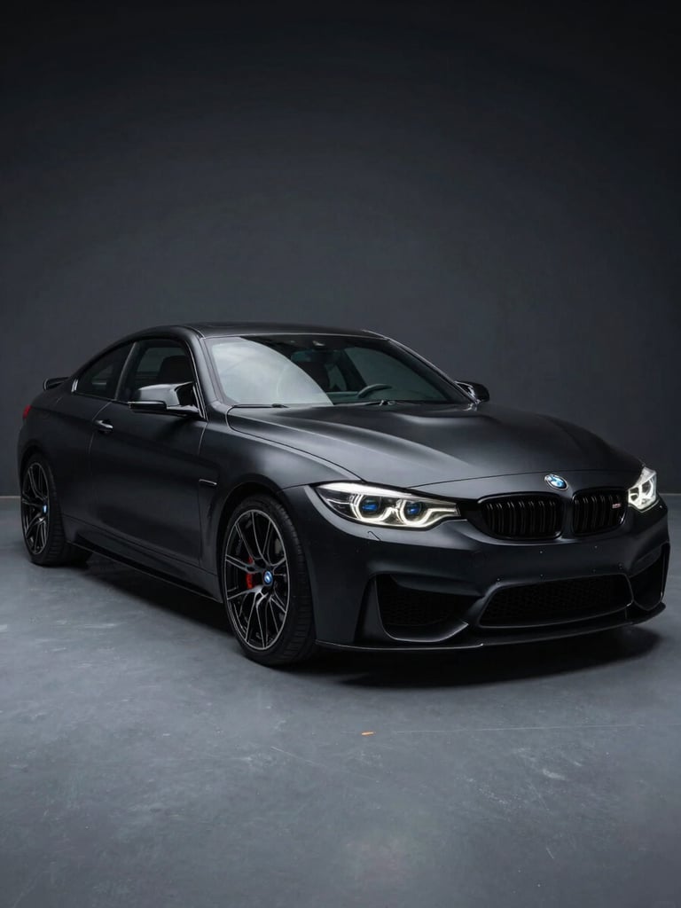 Wide studio shot of a matte black BMW M4 three-quarter front angle, full wrap with precision-cut edges, dark charcoal background, cool studio floor lighting revealing vinyl surface texture and depth, no glare, shallow depth of field on front quarter panel