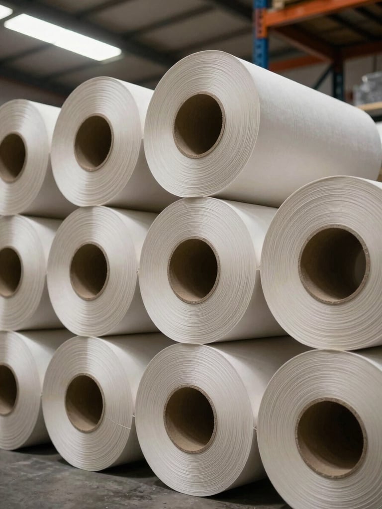 Close-up wide shot of tightly stacked industrial paper rolls on a warehouse shelf, natural overhead factory lighting illuminating the cut edges and paper grain texture, concrete floor visible at the base, framed from a slight low angle to emphasize height and volume