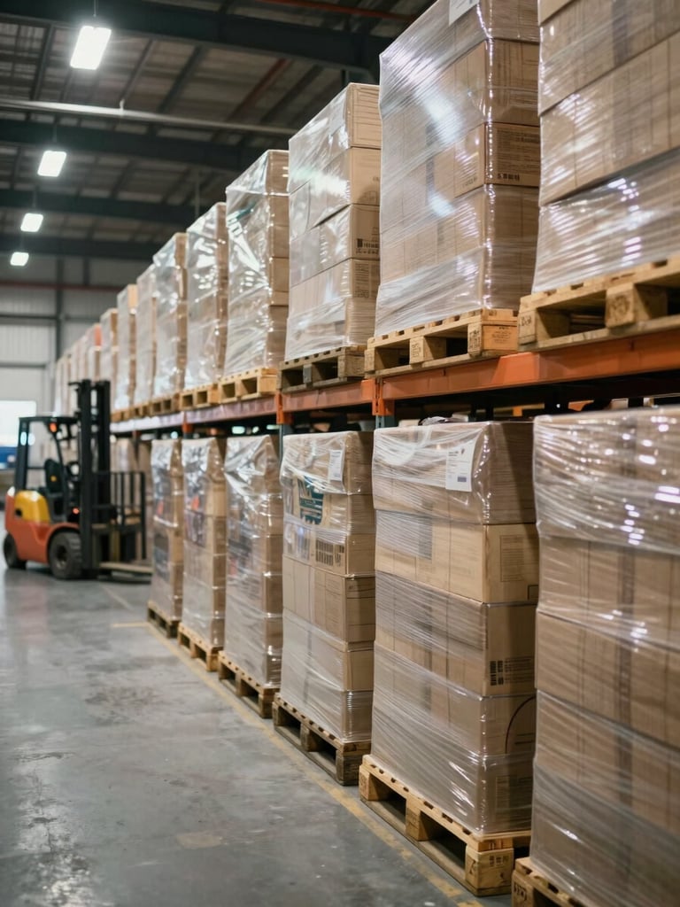 Wide environmental shot inside a large regional distribution warehouse, rows of palletized paper product stacks extending deep into the frame, clean overhead industrial lighting, a forklift visible in the far left background mid-motion, no workers posed for camera, scale and inventory depth as the subject
