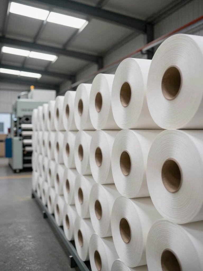 Wide interior shot of a paper manufacturing facility, stacked rolls of white paper lining the right wall under high factory skylights, production machinery visible in the background, clean overhead industrial lighting, no workers in frame