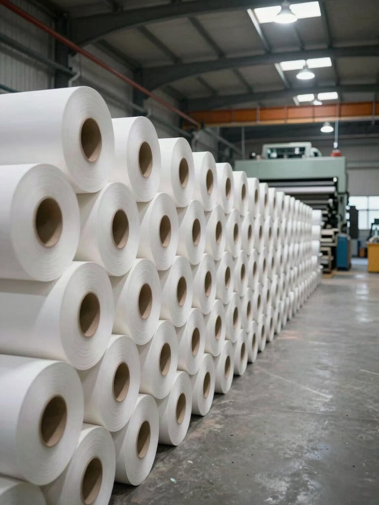 Wide environmental shot inside a large paper manufacturing hall, stacked rolls of white paper filling the left foreground in precise rows, industrial ceiling with overhead factory lighting illuminating the concrete floor, production machinery visible in the mid-ground, no people present, clean overhead light from skylights, framing emphasises scale and inventory depth