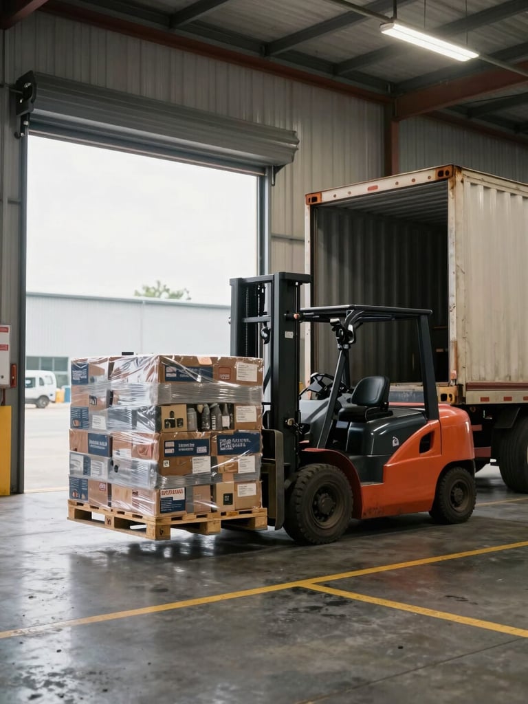 Wide environmental shot of a loading dock in motion — a forklift carrying a pallet of wrapped goods toward an open container truck, industrial warehouse bay doors open to daylight, concrete floor markings visible, overhead sodium lighting, no posed workers, camera angle from the side showing depth and operational scale