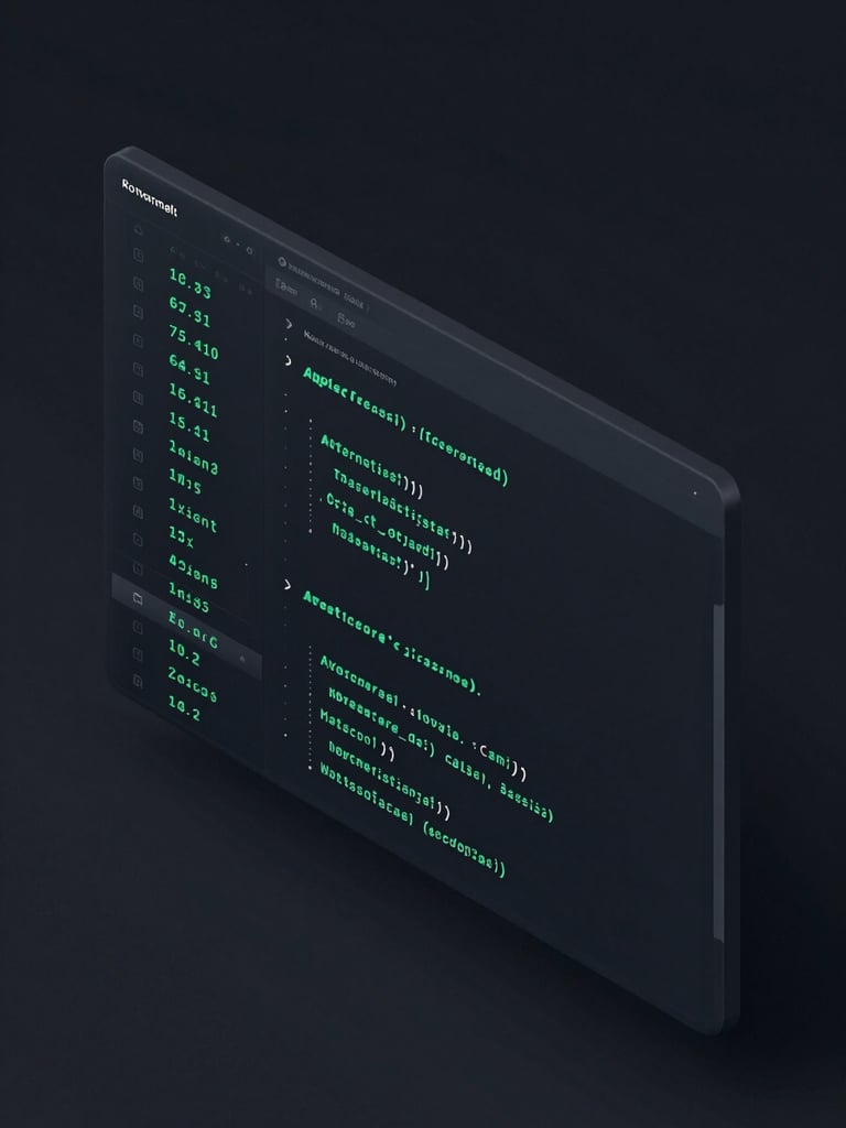 Sleek dark mode digital UI rendering of a clean code editor with glowing mint green syntax highlighting, isometric perspective, high-contrast 3d render