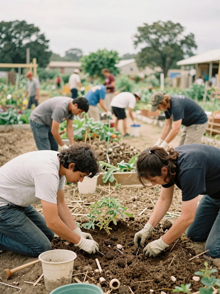 Candid documentary photo of a local community garden project, volunteers working together in soft natural daylight, warm earth tones, authentic unposed action, 35mm film style.