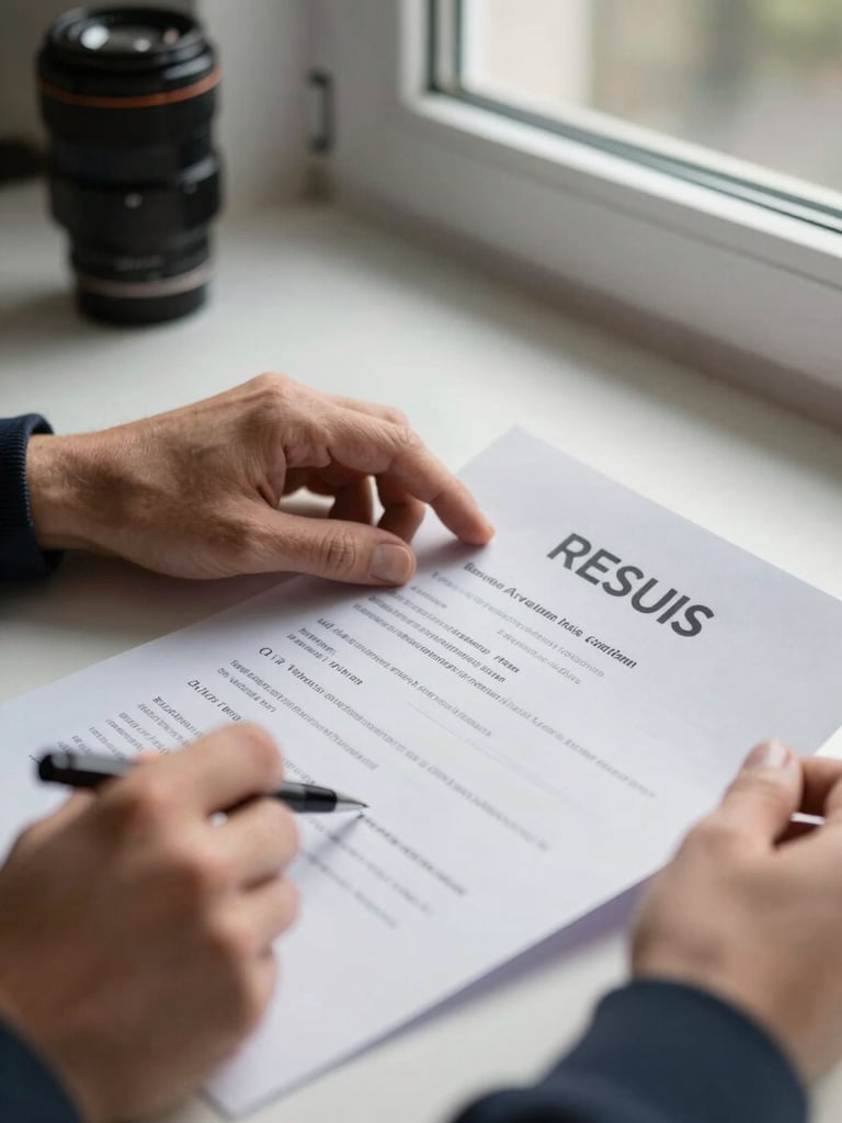 Close-up of hands reviewing a printed resume on a desk near a window, natural daylight falling across the documents, a pen resting on the page, workspace background softly out of focus