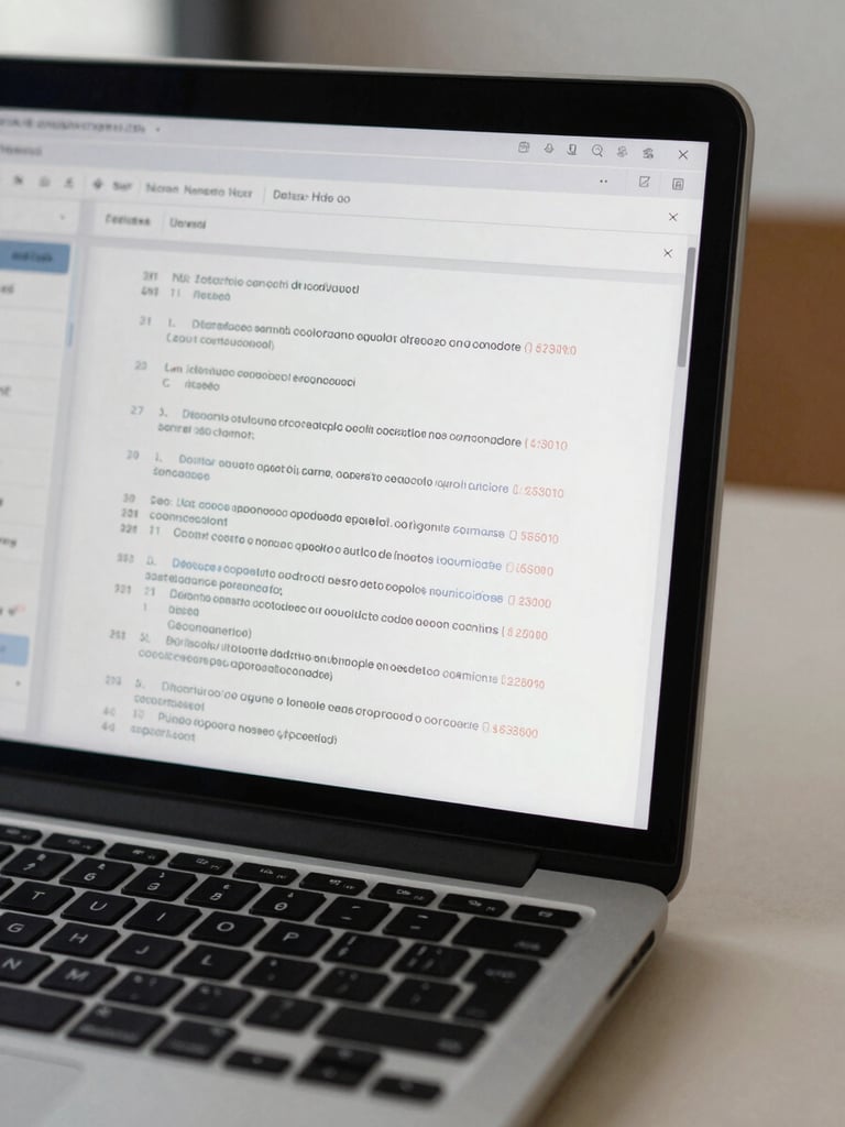 Close-up of a laptop screen displaying a judicial case management interface with Italian procedural document fields, case number visible, on a clean desk under even indoor daylight