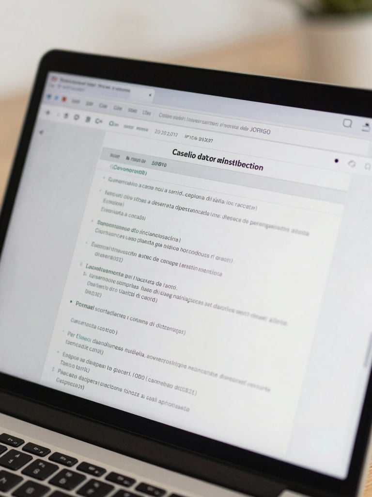 Close-up of a laptop screen showing a clean judicial case management interface with Italian legal document fields, case numbers visible, bright even indoor light, no people in frame, shot from slightly above showing the keyboard edge and screen detail