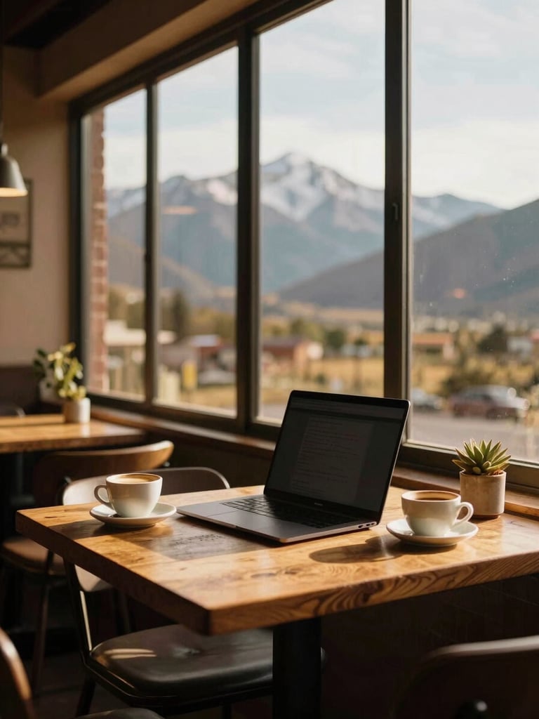 Warm editorial photography of a cozy cafe workspace in Mendoza with a view of the Andes mountains through a large window, golden-hour light casting long shadows, a laptop and a cup of coffee on a wooden table, 35mm film look.