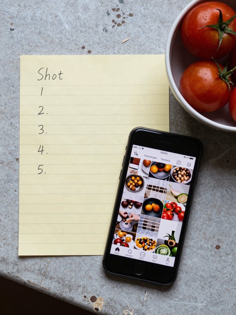 A flat lay on a worn kitchen prep table: a shot list on yellow notepad paper, a phone showing a draft Instagram grid, a small bowl of heirloom tomatoes, all under cool north-facing daylight, no artificial light