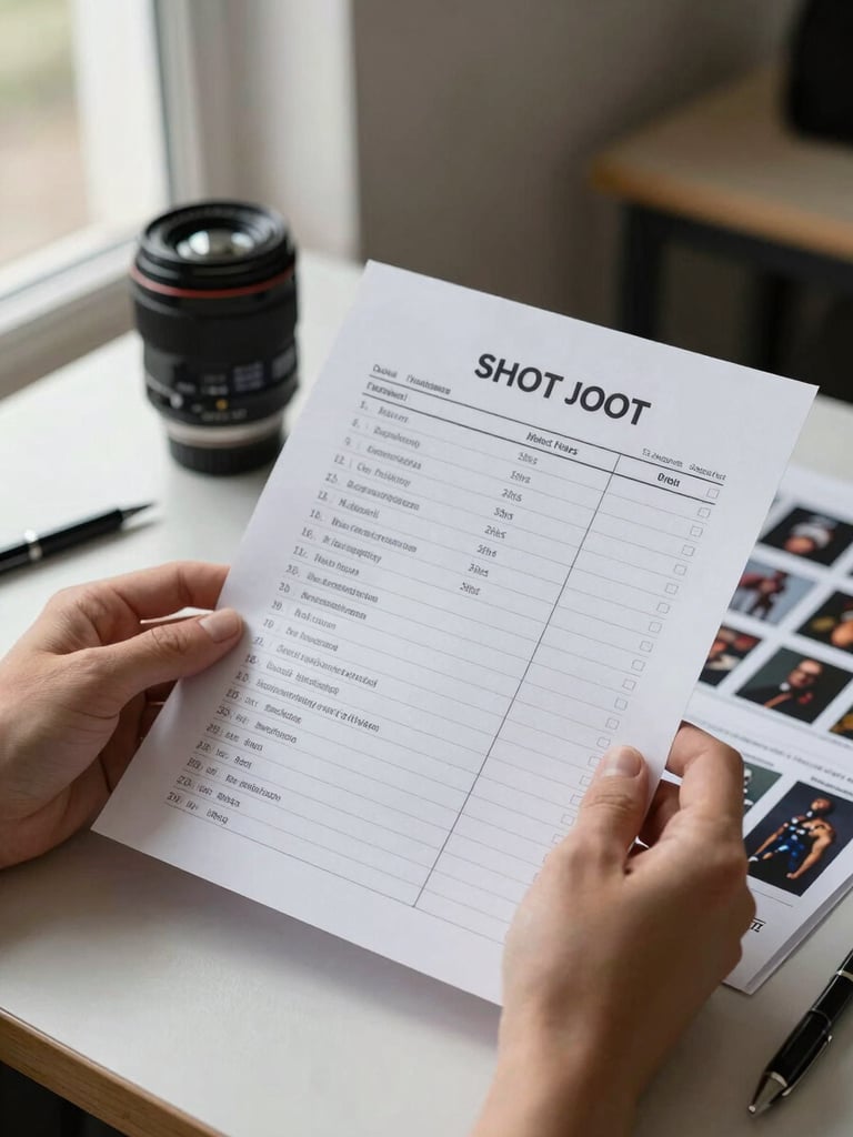 Close-up of hands holding a printed shot list on a table scattered with contact sheets and a pen, north-facing daylight from a window to the left, no faces visible