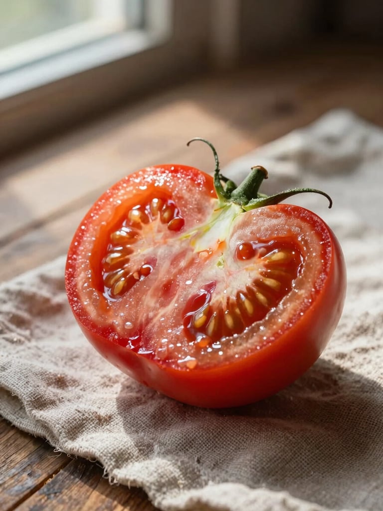 Extreme close-up of a halved heirloom tomato resting on a rough linen cloth on a wooden farm table, seeds and flesh detail visible, north-facing window light raking across the surface from the left, no styling or props beyond the cloth