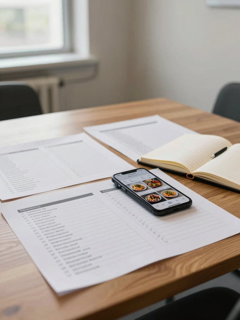 Wide interior shot of a sparse agency workspace — a wooden table covered in printed shot lists, a phone showing a grid of food images, and an open notebook with crossed-out copy lines; north-facing window light falls across the surface, no people visible, parchment walls in soft focus background