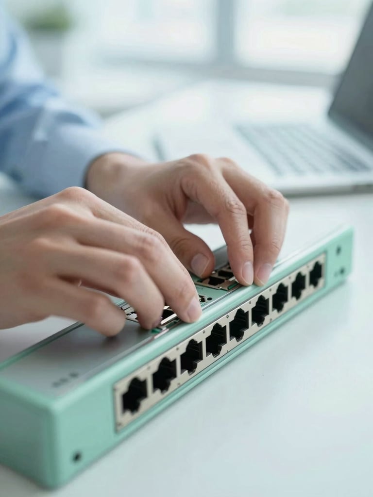 Close-up of an IT professional's hands configuring a network switch, soft depth of field, bright natural office light, soft blue and mint accents, professional editorial style, 35mm