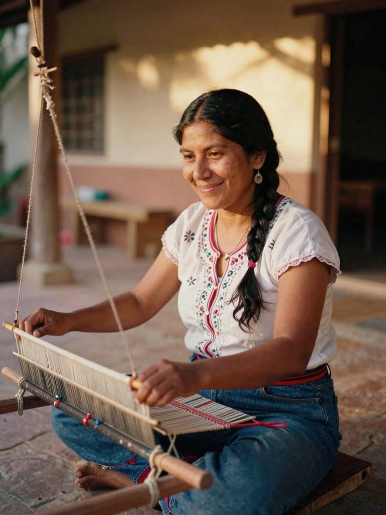 Environmental portrait of a female Mayan weaver smiling warmly, sitting in her home courtyard with a backstrap loom, soft golden-hour lighting, warm earth tones