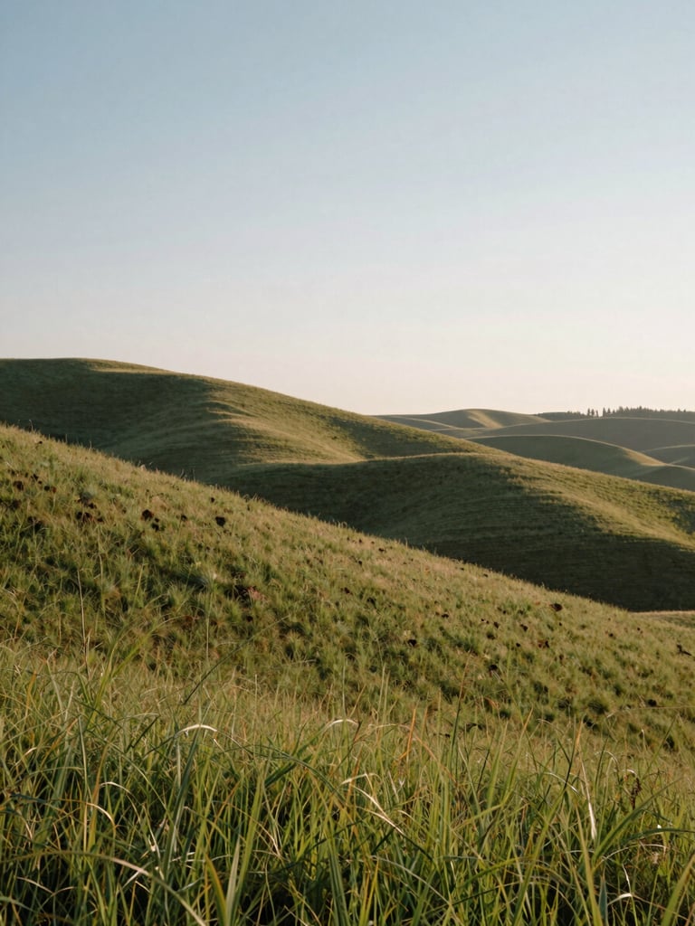 A quiet morning in the Boise foothills, soft morning light illuminating gentle grassy slopes, clean minimalist composition with generous negative space.