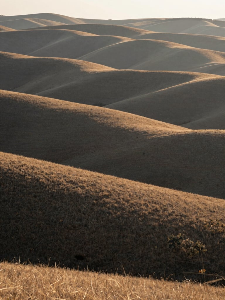 Soft morning light over the Boise foothills, gentle rolling hills with dry grass, quiet atmospheric landscape, minimalist composition.