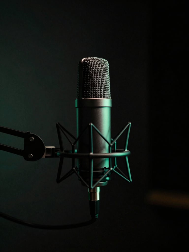Cinematic low-key photo of a professional podcast studio setup, high-end microphone in focus, dark background with subtle green ambient light.