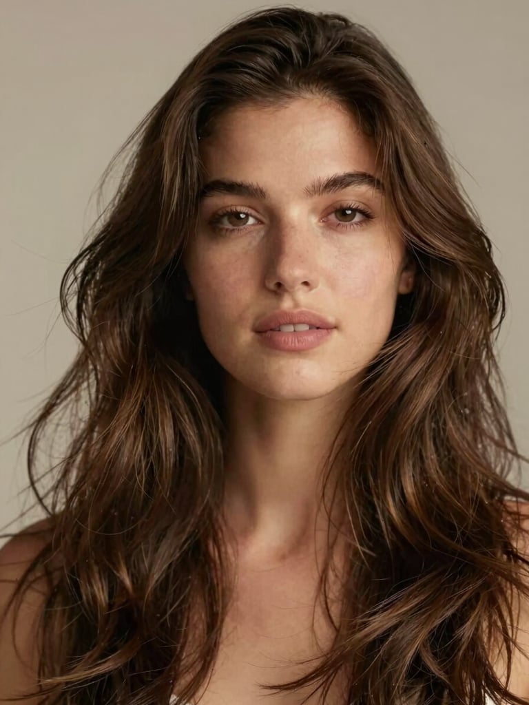Soft-focus portrait of a woman with natural-looking hair movement, warm indirect daylight highlighting the rich texture and subtle highlights of her hair, serene expression, neutral studio background.