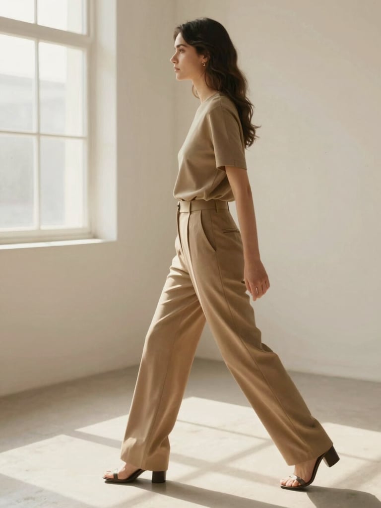 Side profile of a woman walking briskly through an airy minimalist studio, wearing structured trousers, warm sand tones, soft natural light.