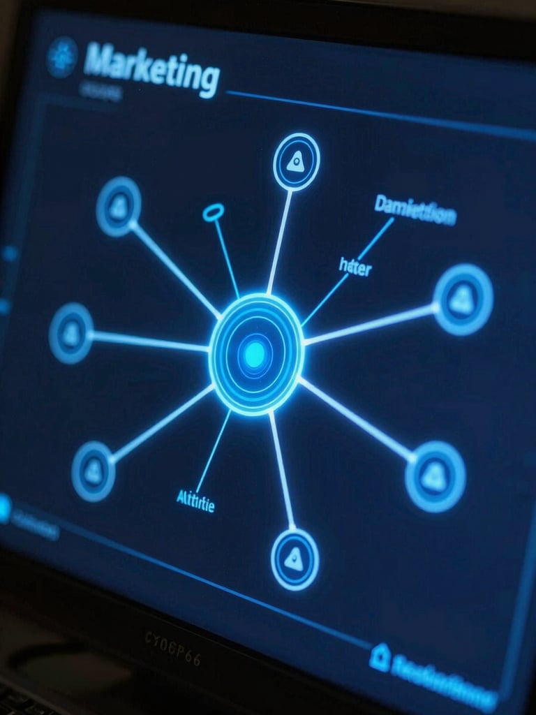 Macro shot of a glowing electric blue digital interface displaying real-time marketing attribution nodes, low-key lighting, dark navy background, ultra-sharp detail.