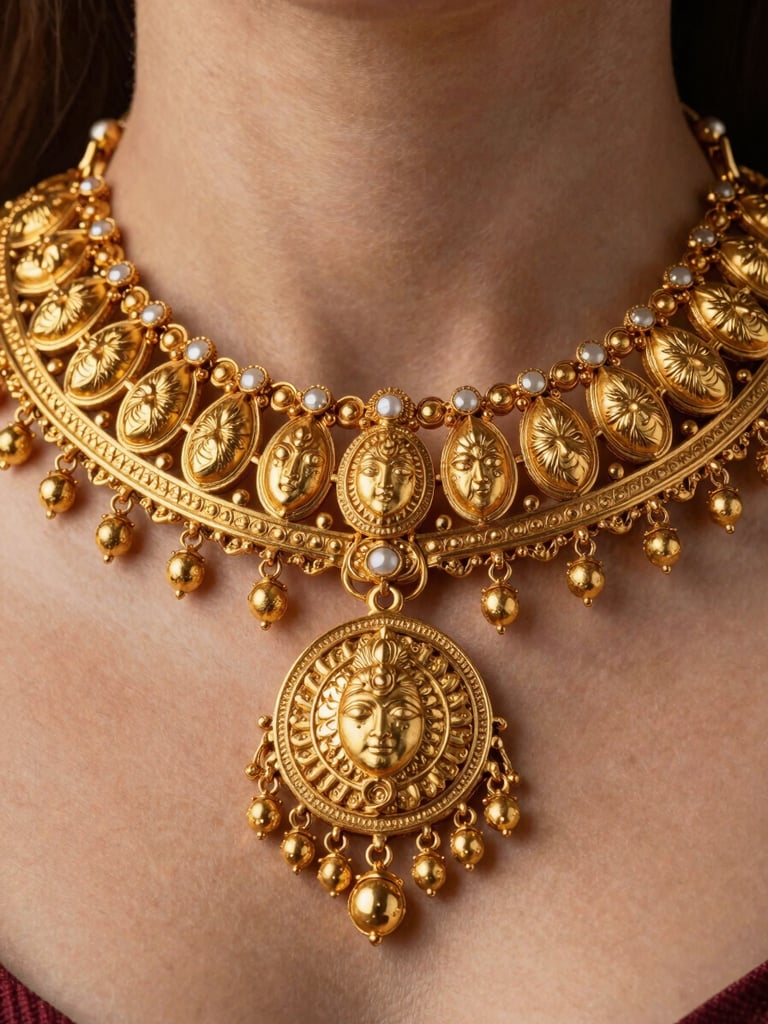 Extreme macro shot of a hand-carved solid gold bridal necklace, showcasing intricate kundan settings and textured gold grain under soft side lighting